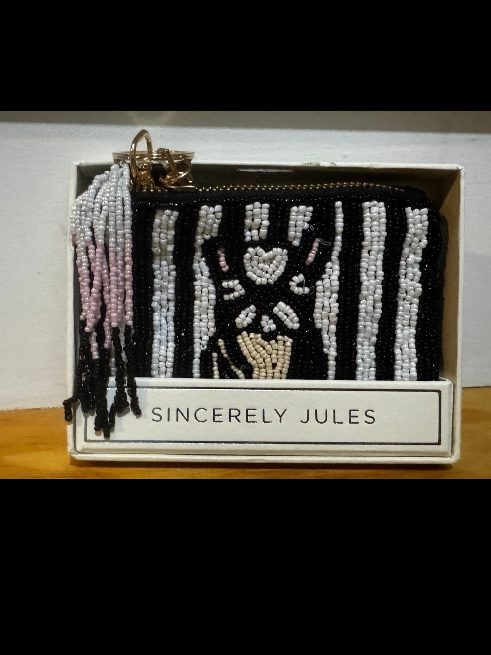 Sincerely Jules Black, White & Pink Beaded Frenchbull Dog Coin Pouch with Tassel